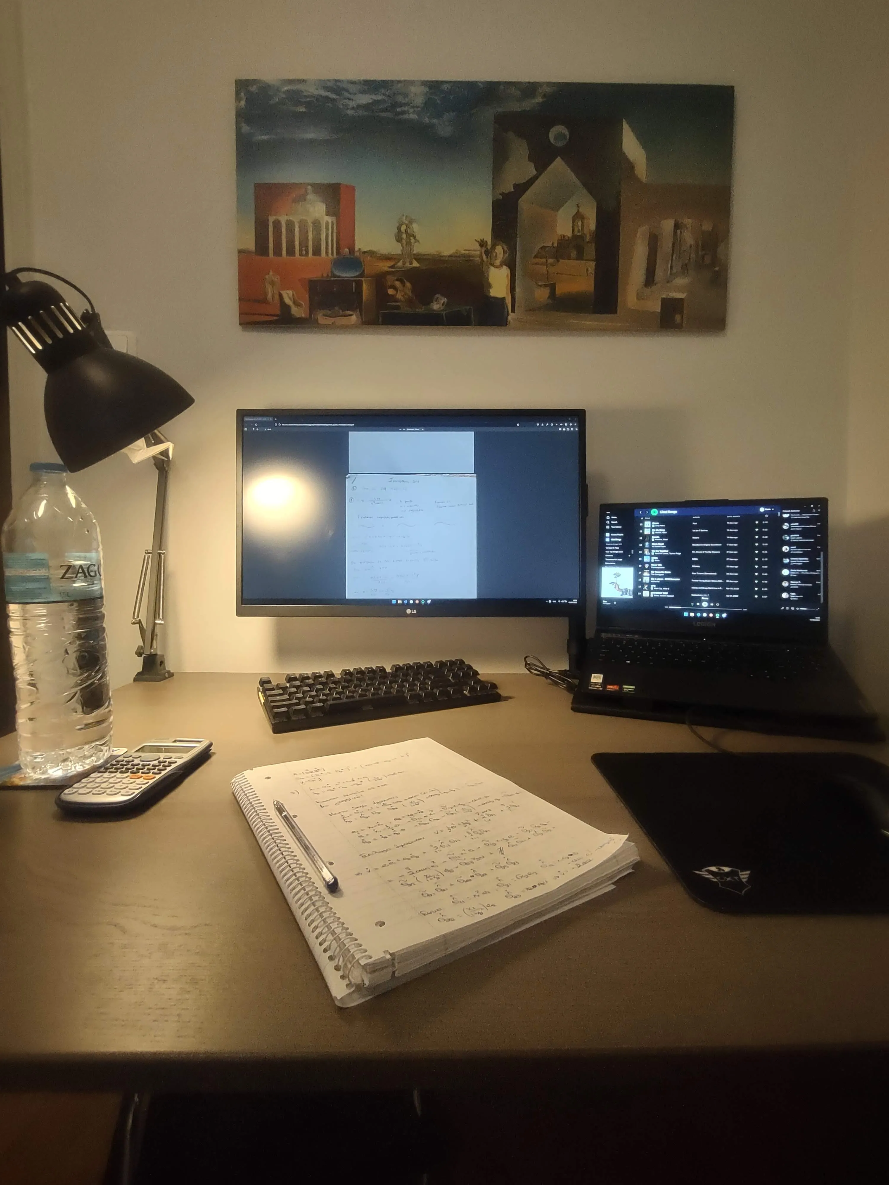 My 2022 desk setup with a Lenovo Legion 5 laptop, open to study notes for a Control Systems class